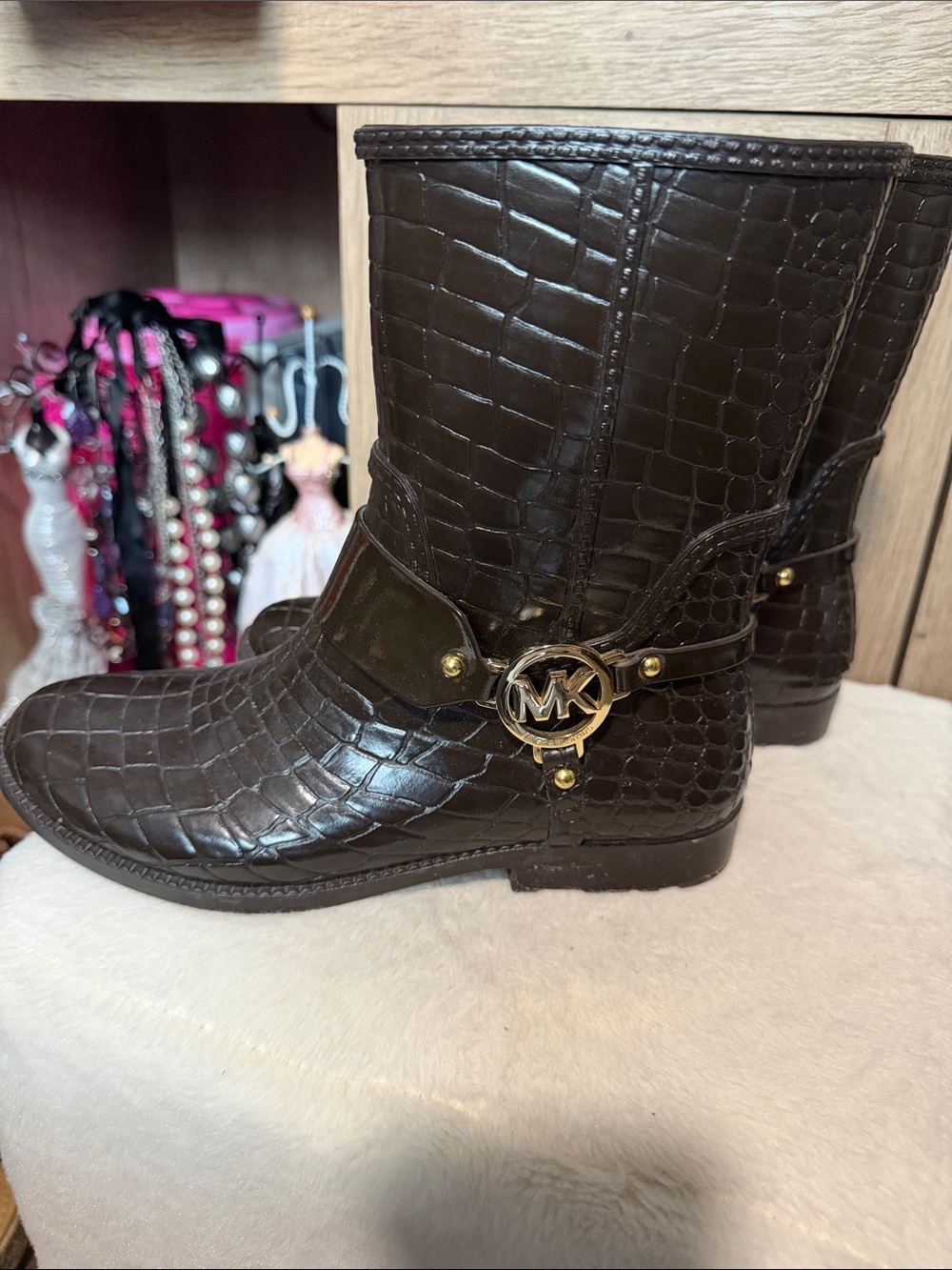Michael Kors Dark Brown Croc-Embossed Leather Lace-Up Boots with Gold MK Accent - Picture 4 of 9